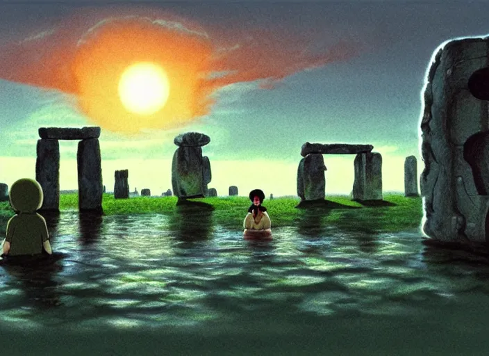 Image similar to a realistic cell - shaded studio ghibli concept art from paprika ( 2 0 0 6 ) of a floating cube from close encounters of the third kind ( 1 9 7 7 ) and a grey caveman meditating on top of a pillar in a flooded stonehenge on a misty starry night. very dull colors, hd, 4 k, hq