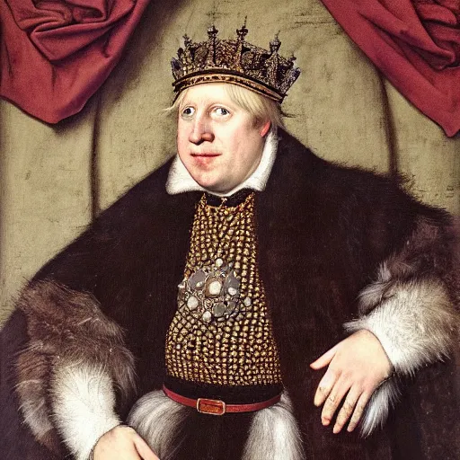 Image similar to a royal portrait of boris johnson as a king, painted by hans holbein, British Museum