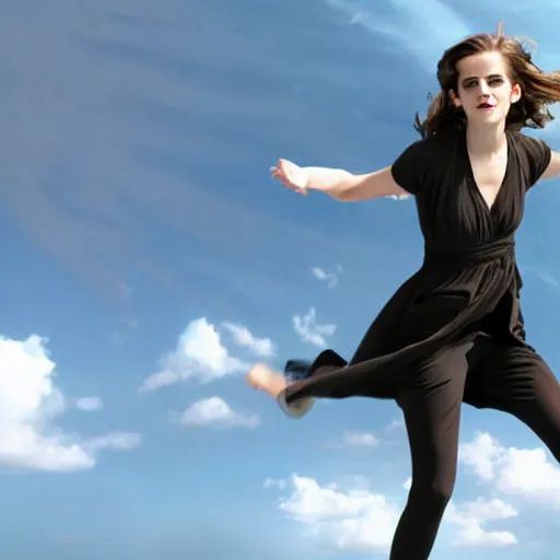Prompt: Emma Watson flying in the clouds