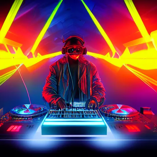 Image similar to futuristic DJ on stage in a cyberpunk, psychedelic effects and symmetric lights and smoke, opening a portal to another dimension, hyperrealistic, 8k