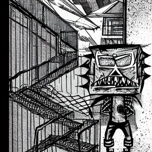 Prompt: A Trevor Hendorson styled monster hiding behind a dumpster in a dark alley with a power line running through it. Grainy, muted colors, hyper detailed, dark, dreary.