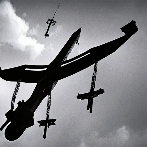 Image similar to jesus crucifixes on top of a fighter jet