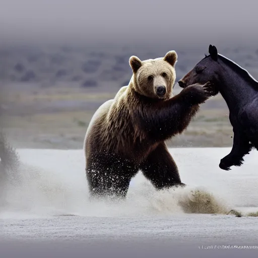 Prompt: national geographic photograph of a bear attacking a horse