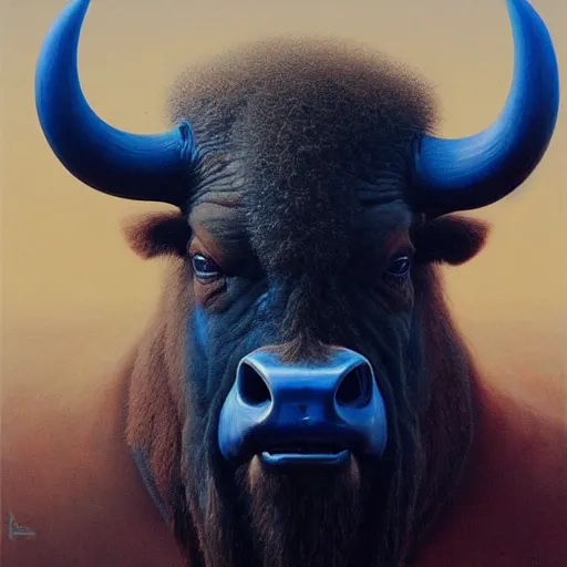 Prompt: Angry Humanoid Bison portrait, dark fantasy, blue, artstation painted by Zdzisław Beksiński and Wayne Barlowe