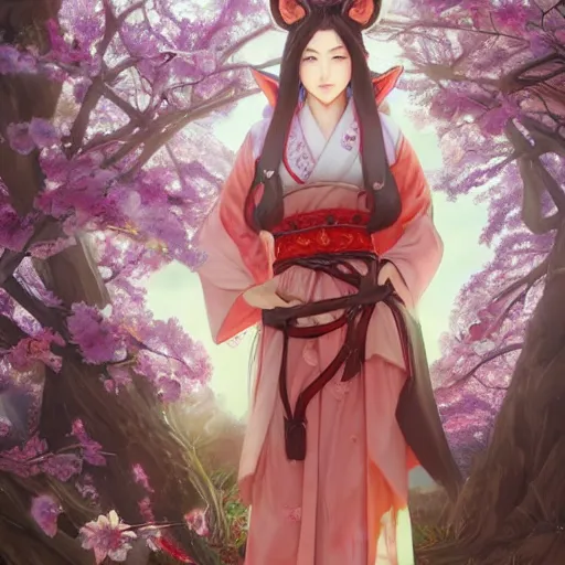 Prompt: a woman with fox ears and multiple fox tails wearing a shrine maiden outfit standing under a cherry blossom tree, full body shot, d & d, fantasy, beautiful, highly detailed, digital painting, artstation, concept art, matte, sharp focus, illustration, hearthstone, art by artgerm, greg rutkowski, alphonse mucha