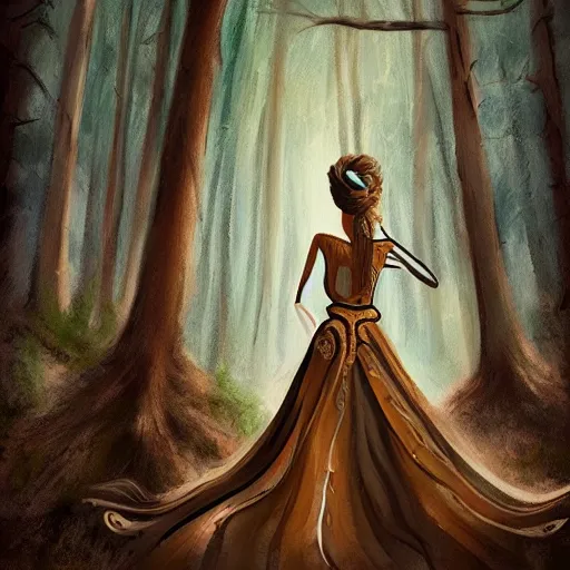 Prompt: stunning elegant lady portrait with intricate jewelry standing arms raised, present in time among a twisted devolved forest, god rays, soft focus, 8k, digital painting with rough brushstrokes, high contrast, instagram