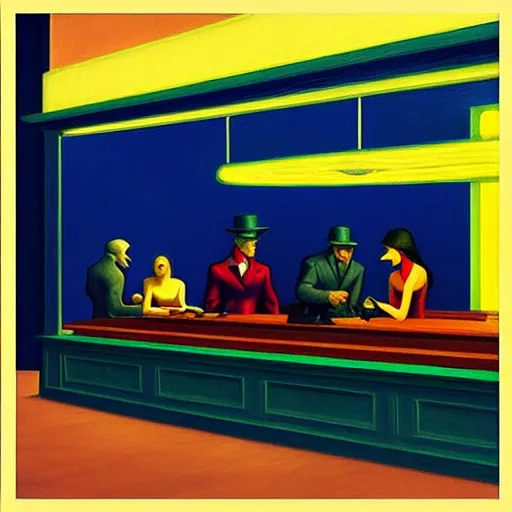 Prompt: “ nighthawks by edward hopper, but with aliens in the cafe.