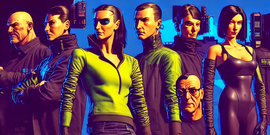 Image similar to cyberpunk heist crew. portrait by stonehouse and mœbius and will eisner and gil elvgren and pixar. character design. realistic proportions. dystopian. cyberpunk 2 0 7 7 character art, blade runner 2 0 4 9 concept art. cel shading. attractive face. thick lines. hi def 4 k. the team. detailed interesting characters. realistic expressive faces.