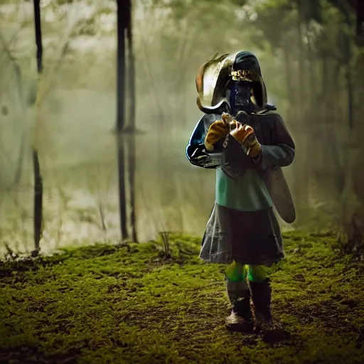 Prompt: thin little girl in a swamp wearing old gas mask. Water to her knees. Bayou. Dark Green forest. Late night. Cloudy. Foggy. Fireflies fly around