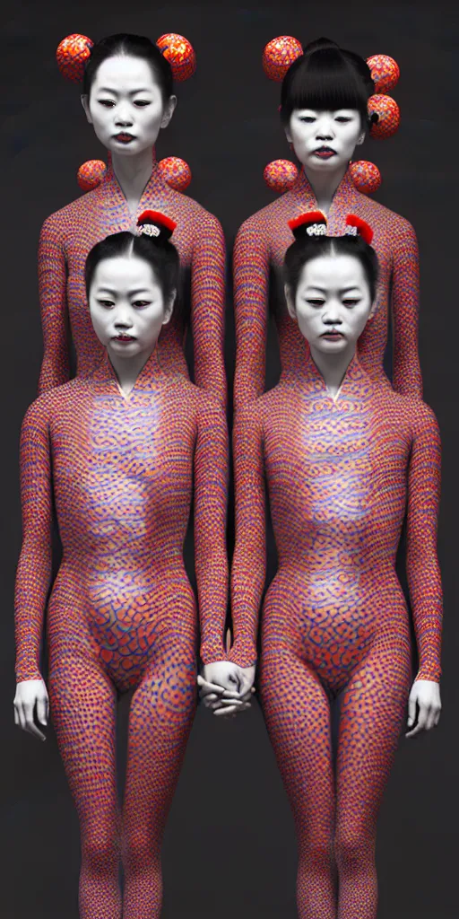 Prompt: hyperrealistic detailed image of a geisha twins in a art installation room, hd smooth interior by yayoi kusama, part by kei mieno, part by ross tran, dark art by james jean, ultra realistic, highly detailed, life like face, detailed body, 8 k, 3 d render by roger magrini, masterpiece