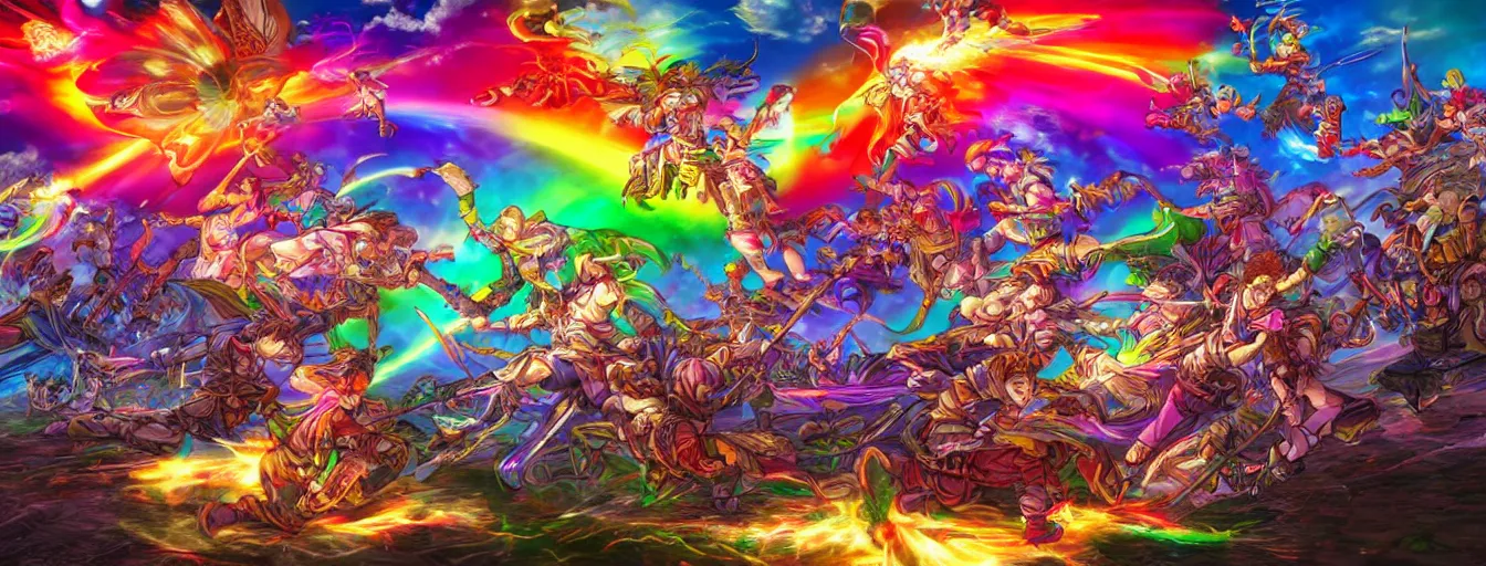 Image similar to super colorful rainbow souls fighting on a battlefield with spirit power flying around. hyperrealistic anime background illustration by kim jung gi, colorful, extremely detailed intricate linework, smooth, super sharp focus, bright colors, high contrast, matte, octopath traveler, unreal engine 5 highly rendered, global illumination, radiant light