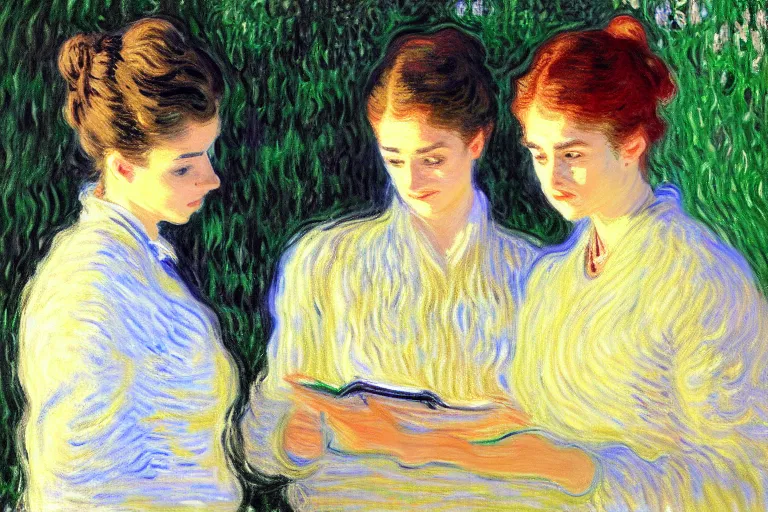 Image similar to portrait of two wise and very beautiful women discussing some texts appearing in a computer screen, art by monet, intricate, elegant, highly detailed, smooth, sharp focus, artstation