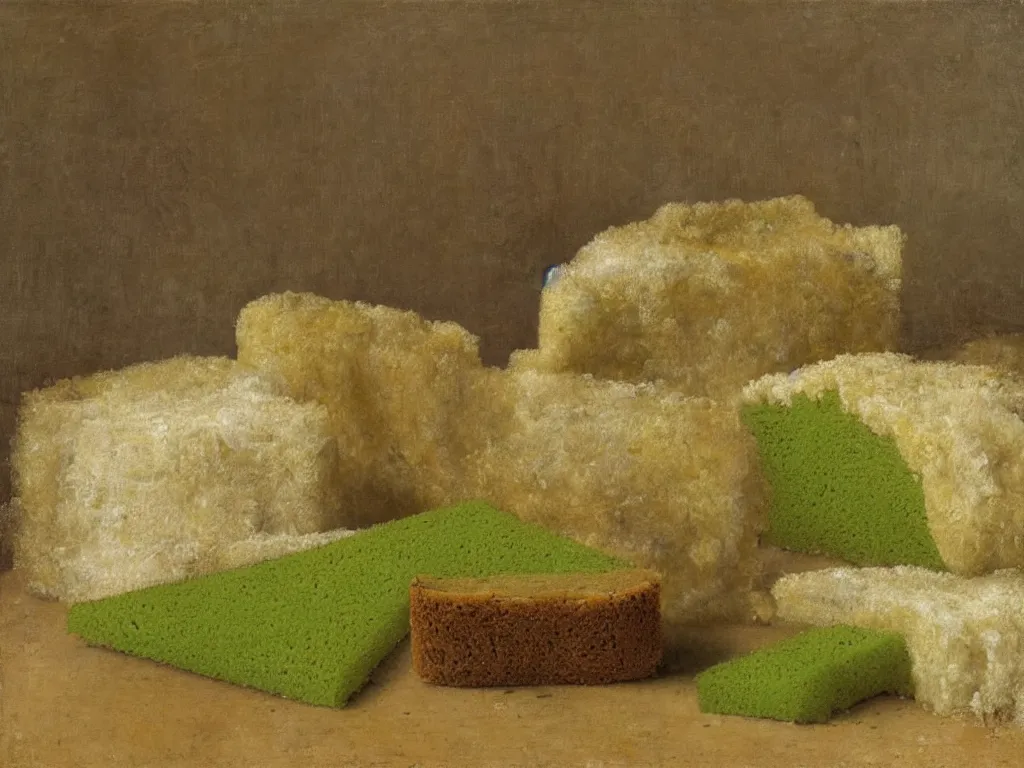 Image similar to still life with fluffy, giant diaphanous green sponge - like mold raising out of an old bread. painting by henri fantin - latour, max ernst, agnes pelton, morandi, walton ford