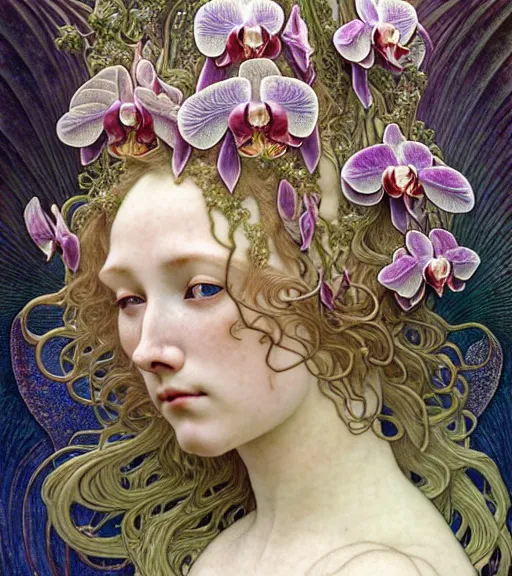 Prompt: beautiful orchid fairy detailed realistic porcelain face portrait by jean delville, alphonse mucha, iris van herpen and marco mazzoni, art forms of nature by ernst haeckel, art nouveau, symbolist, visionary, gothic, neo - gothic, pre - raphaelite, fractal lace, intricate alien botanical biodiversity, surreality, hyperdetailed ultrasharp octane render