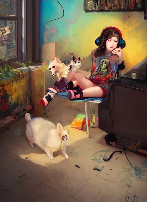 Image similar to beautiful fantasy painting of a Hiphop Lofi teenage queen and corgi chilling to music, by Kenne Gregoire, James Jean, Tran Nguyen, WLOP, Jakub Rebelka. trending on Artstation, 8k, masterpiece, face enhance, graffiti paint, fine detail, full of color, intricate detail, golden ratio illustration