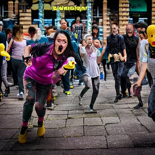 Image similar to rubber duck zombies chasing terrified people, photography