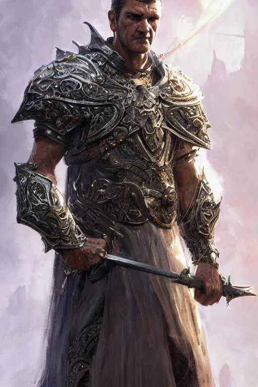 Image similar to portrait of antonio banderas as holy paladin, fantasy, dnd, intricate, highly detailed, smooth, artstation, digital illustration by Ruan Jia and Mandy Jurgens and Artgerm and Wayne Barlowe and Greg Rutkowski and Zdislav Beksinski