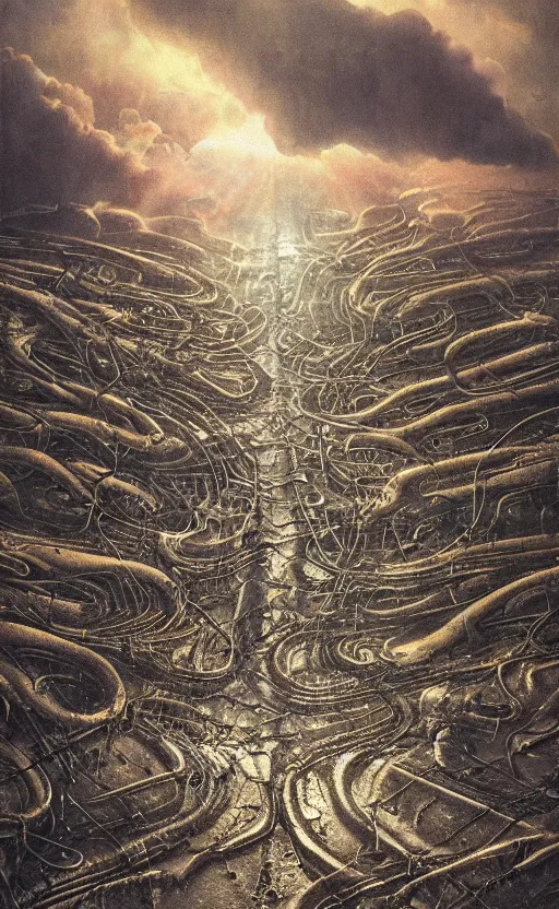 Prompt: paperback book cover by giger. 1 9 5 0 s. pure colors, melting clouds, accurately drawn details, a sunburst above a receding road with the light reflected in furrows and ruts, after rain. photorealistic. octane render. cinematic. trending on artstation. textless.