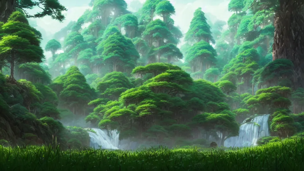 Image similar to forest clearing landscape, studio ghibli, pixar and disney animation, sharp, rendered in unreal engine 5, highly detailed, digital painting, artstation, concept art, smooth, sharp focus, illustration, wide angle, artbook, wallpaper, splash art, promo art, dramatic lighting, art by artgerm and greg rutkowski and bo chen and jin xiaodi