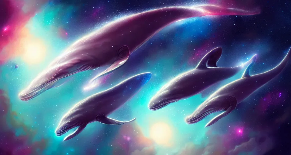 Prompt: highly detailed illustration of space whales, colorful nebula background, artstation, cinematic lighting, hyperdetailed, cgsociety, 8k, high resolution, Charlie Bowater, Tom Bagshaw, Norman Rockwell, insanely detailed and intricate