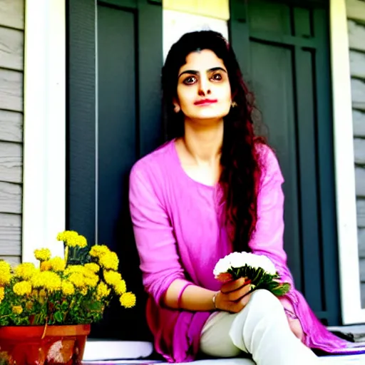 Image similar to a beautiful portrait of actress rabia soyturk sitting on the porch holding a flower, in front of the house