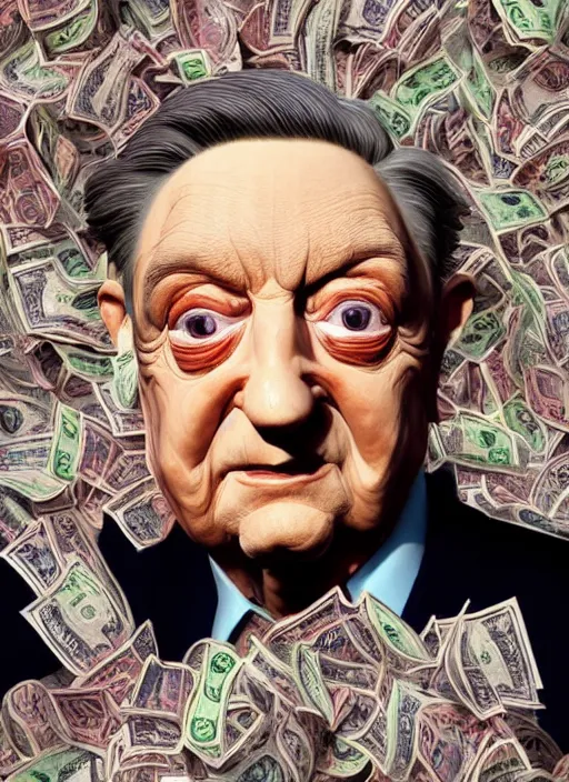 Image similar to colourful caricature - 3 d vfx art - portrait of a george soros with money all around hime, art style by james jean & hsiao - ron cheng, character concept art, unreal engine render, digital illustration, sharp, intricate detail, volumetric light, ray tracing, soft light, symmetric, pinterest, artstation, behance,