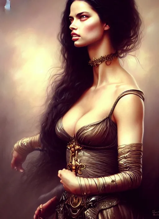 Prompt: a beautiful woman with baroque dress, adriana lima, painted by artgerm and tom bagshaw, fantasy art, dramatic lighting, highly detailed oil painting