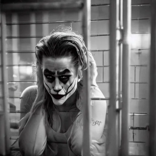 Image similar to amber heard as the joker, crying alone inside a prison cell behind bars, ultra realistic, canon 3 5 mm portrait photography, 8 k, movie still