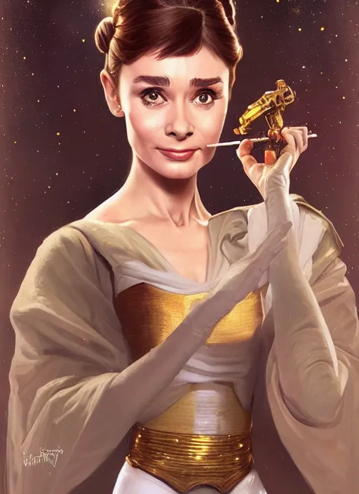 Image similar to Audrey Hepburn as Princess Leia, fantasy, intricate, elegant, highly detailed, digital painting, artstation, concept art, smooth, sharp focus, illustration, art by artgerm and greg rutkowski and alphonse mucha