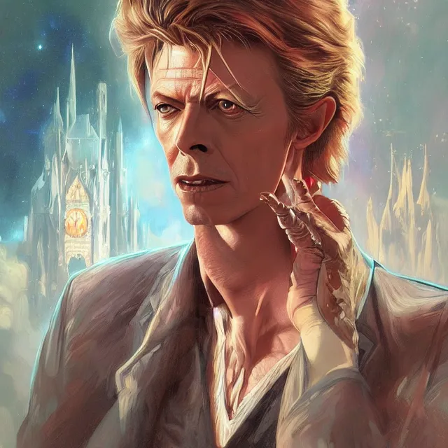 Image similar to portrait of David Bowie, fantasy, intricate, elegant, highly detailed, digital painting, artstation, concept art, smooth, sharp focus, illustration, art by artgerm and greg rutkowski and alphonse mucha