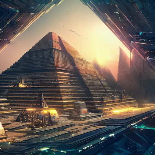 Prompt: a scene of the beautiful intricate epic futuristic pharaoh city with a cyber sphinx, a clearly hovering cyber pyramid, hyper detailed, cinematic lighting