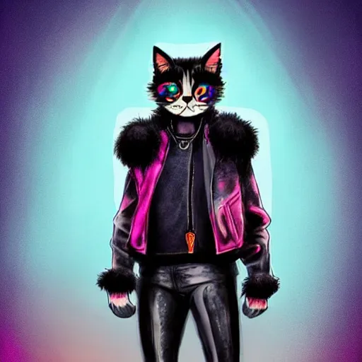 Image similar to wide angle full body, jacket wearing fluffy cute rainbow kitten wearing a black leather motorcycle jacket, cinematic concept art