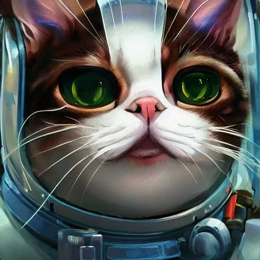 Image similar to head and shoulders masterpiece portrait of a cute adorable cat wearing a spacesuit, surreal background, digital art by krenz cushart, trending on artstation, cgsociety,