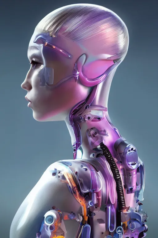 Prompt: a beautiful half body image of a futuristic android with body made of translucent plastic, long hair made of colored cellophane with mechanical internal parts, symmetrical and realistic proportions by Irakli Nadar, tom bagshaw, Charlie Bowater with details by Jason Felix, furio tedeschi, face by ilya kuvshinov, artgerm, cinematic backlit lighting, beauty retouch, elite, photo realistic, octane render, hyper real, ultra detailed, trending on artstation pinterest and deviantart