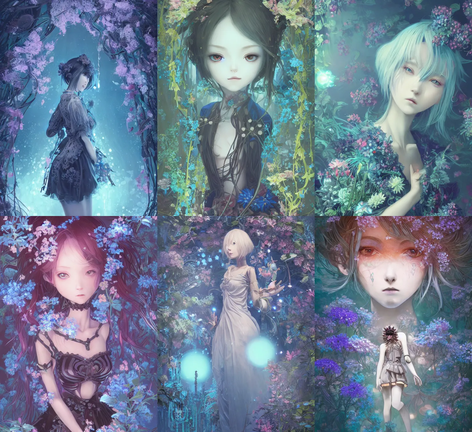 Prompt: detailed, sharp, dreaming humanoid female automata wearing gothic ornament surrounded by glowing blue flowers and flora floating above a dystopia by Ilya Kuvshinov and Anna Dittmann and studio ghibli and WLOP and Rossdraws, digital art, surreal, trending on artstation, anime arts, featured on Pixiv, blue lighting, HD, 8K, highly detailed, good lighting, beautiful, epic, masterpiece