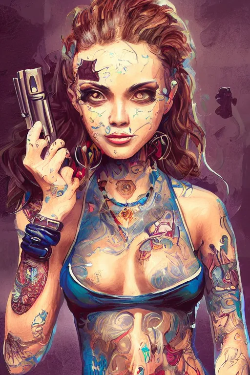 Prompt: painting of a gangster girl with guns, cute face, intricate, highly detailed, digital painting, official media, concept art, rich vivid colors, ambient lighting, sharp focus, illustration