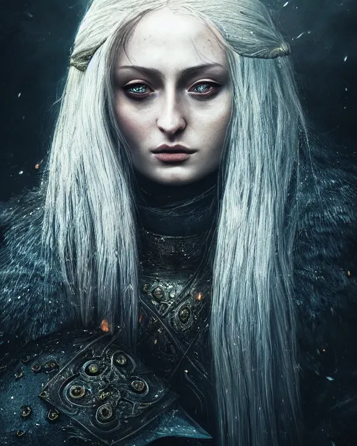 Prompt: Sophie Turner as the fire keeper from Dark Souls 3, highly detailed face portrait by Ross Tran and Angel Ganev, photorealistic, RTX ON, trending on cgsociety