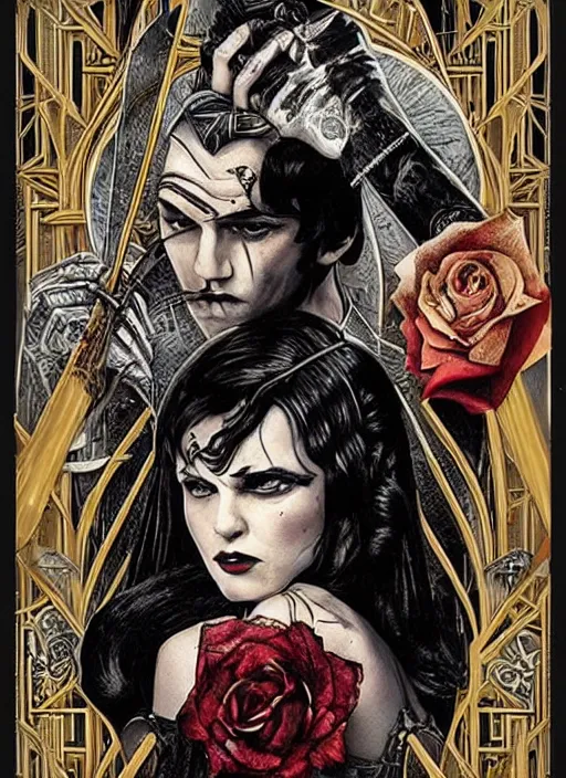 Image similar to tarot card :: horror :: vampires and draculas :: like the great gatsby :: hearts and roses :: gold and silver :: guns and swords :: side profile :: highly details :: intricate details :: Sandra Chevrier and bastien lecouffe deharme