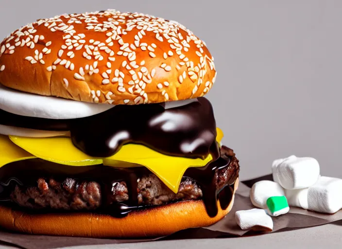 Prompt: dslr food photograph of burger with marshmallows in it, chocolate sauce, 8 5 mm f 1. 8