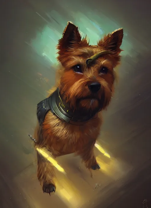 Image similar to norwich terrier as an superhero, backround dark, highly detailed, digital illustration, trending in artstation, modern painting, smooth, sharp focus, intricate, by peter mohrbacher