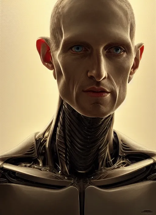 Image similar to mark zukerberg as male android!!!, pale, lifeless, portrait, intricate, elegant, highly detailed, digital painting, artstation, concept art, wallpaper, smooth, sharp focus, illustration, art by h. r. giger and artgerm and greg rutkowski and alphonse mucha