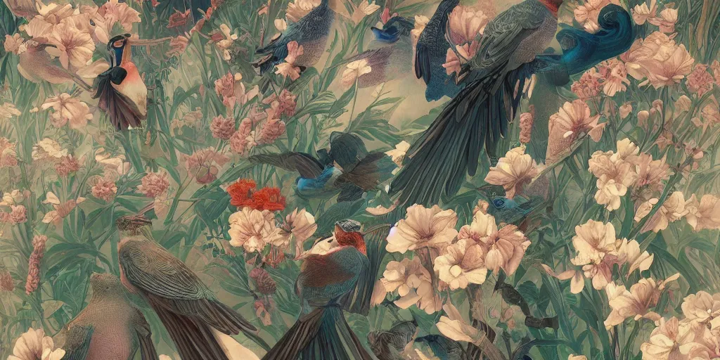 Image similar to breathtaking detailed concept art painting art deco pattern of birds goddesses amalmation flowers with blend of flowers and birds, by hsiao - ron cheng and john james audubon, bizarre compositions, exquisite detail, extremely moody lighting, 8 k