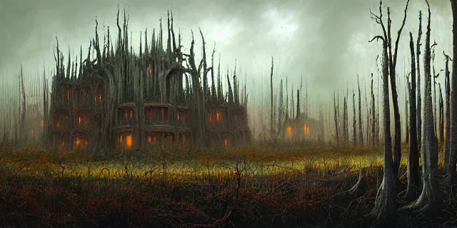 Image similar to painting dreadful forest of burnt and petrified weeping willows in a bog by tomasz alen kopera and cornelius dammrich with futuristic wood castle by eddie jones and simon stahlenhag