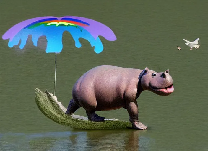 Image similar to a hippo has a propeller on its back instead of its tail and flies over a rainbow which is coming out of a crocs shoe