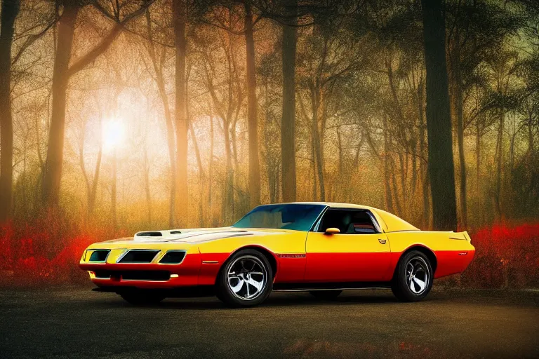 Prompt: pontiac firebird with grafitti tag on side, sunrise, dramatic, cinematic, forest, sunbeams, volumetric lighting, wide shot, low angle, realistic pokemon creatures looking at car, pokemon