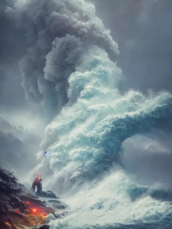 Prompt: photo of 8k ultra realistic nuclear explosion, heavy storm, rain, large waves, full of colour, cinematic lighting, battered, trending on artstation, 4k, hyperrealistic, focused, extreme details,unreal engine 5, cinematic, masterpiece, art by Peter Mohrbacher