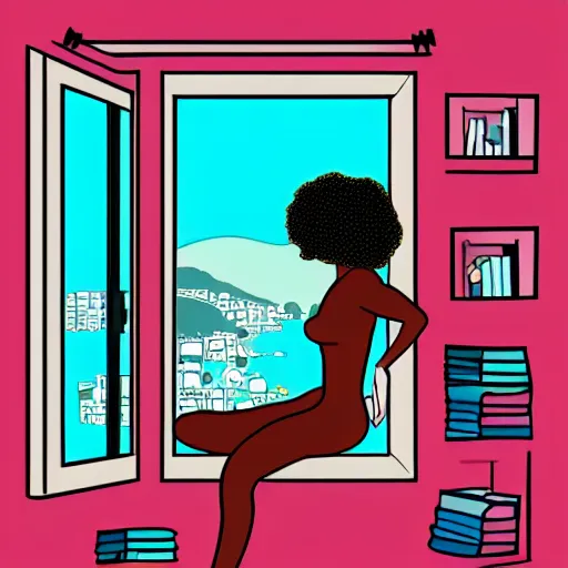 Image similar to black girl, curly hair, with headphones, studyng in bedroom, window with rio de janeiro view, lo-fi illustration style, digital art, alive colors