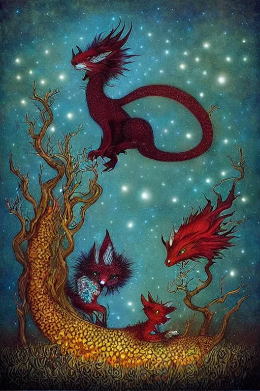 Image similar to surreal hybrid dragons and foxes, nostalgia for a fairytale, magic realism, flowerpunk, mysterious, vivid colors, by andy kehoe, amanda clarke