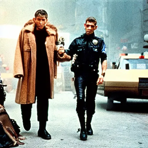 Image similar to film still blade runner Officer Deckard wearing Supreme Drip