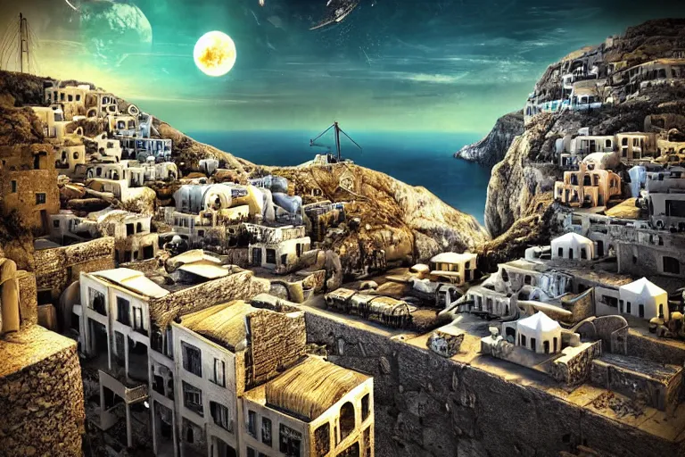 Image similar to grecian favela sculpture, urban shopping environment, industrial factory, cliffs, sunny, milky way, award winning art, epic dreamlike fantasy landscape, ultra realistic,